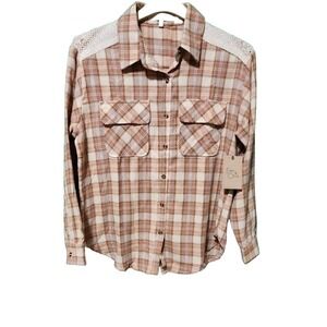 Eden & Olivia Women's Brown/Pink Plaid Flannel Size Med Button Up W/Crochet
